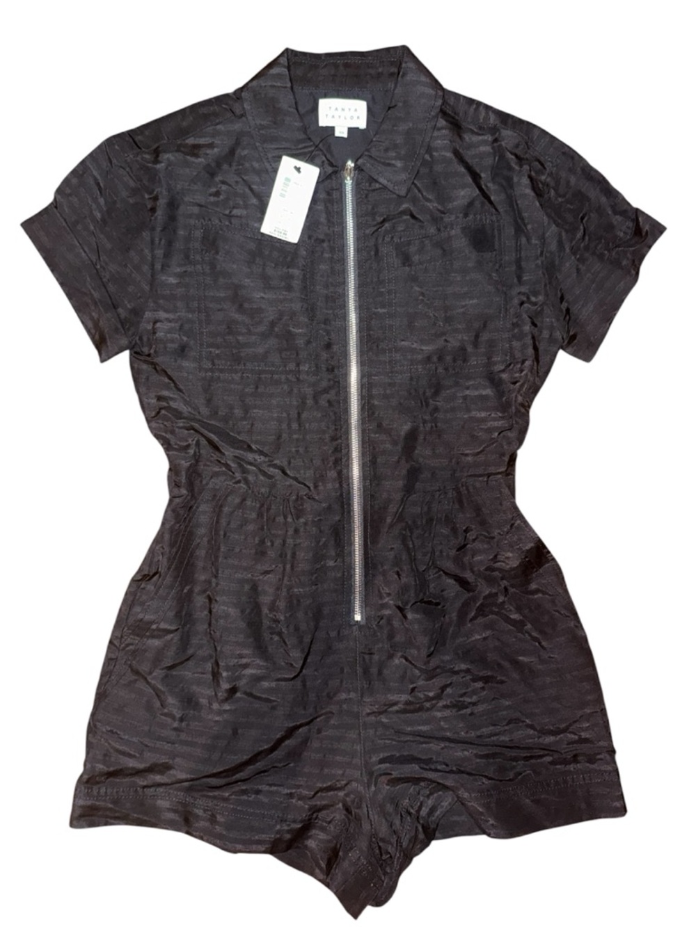 Tanya Taylor Black Short Sleeve Front Zip Romper Size XS